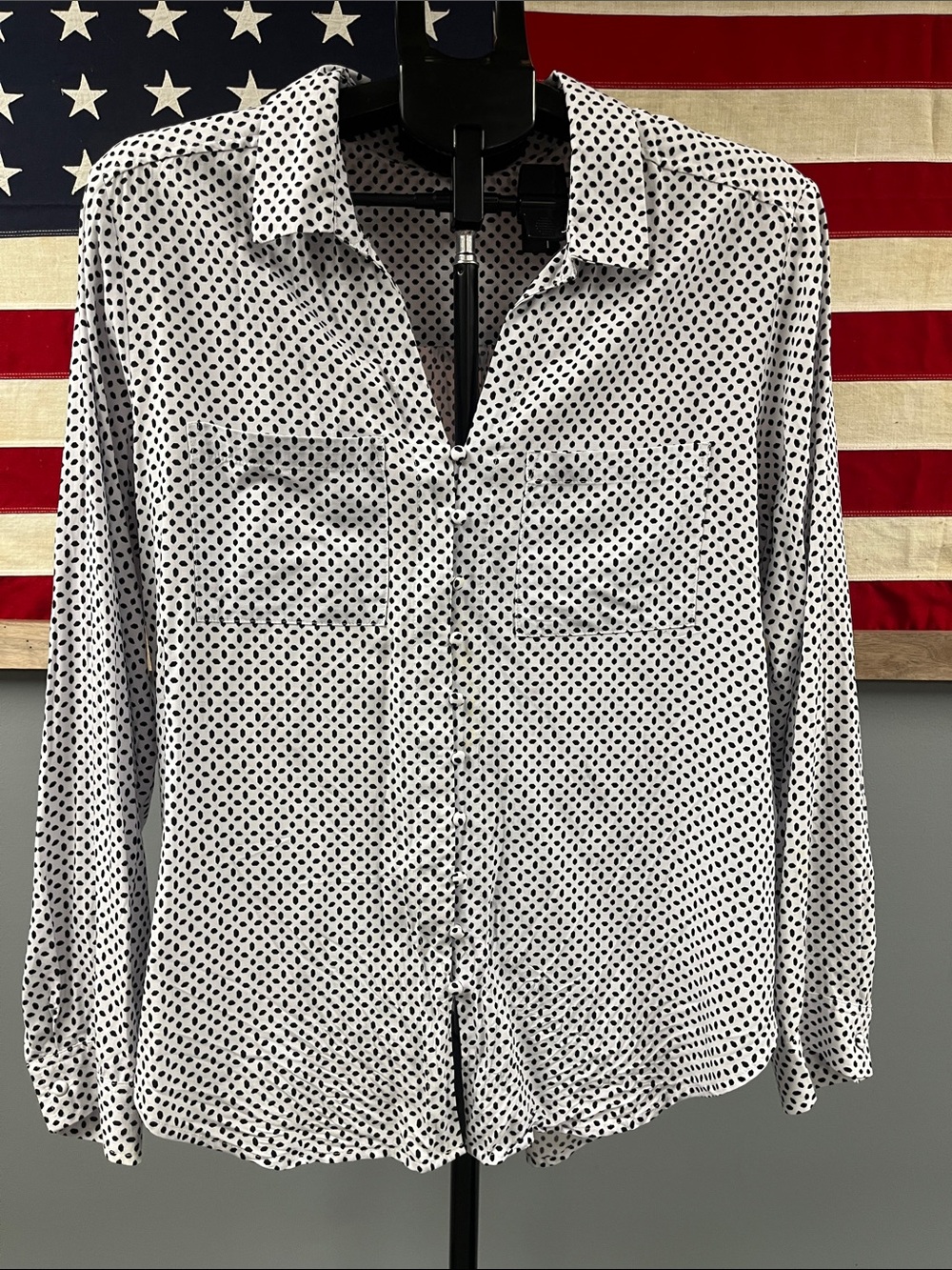 Velvet Heart White Button-Down Blouse with Black Dot Print